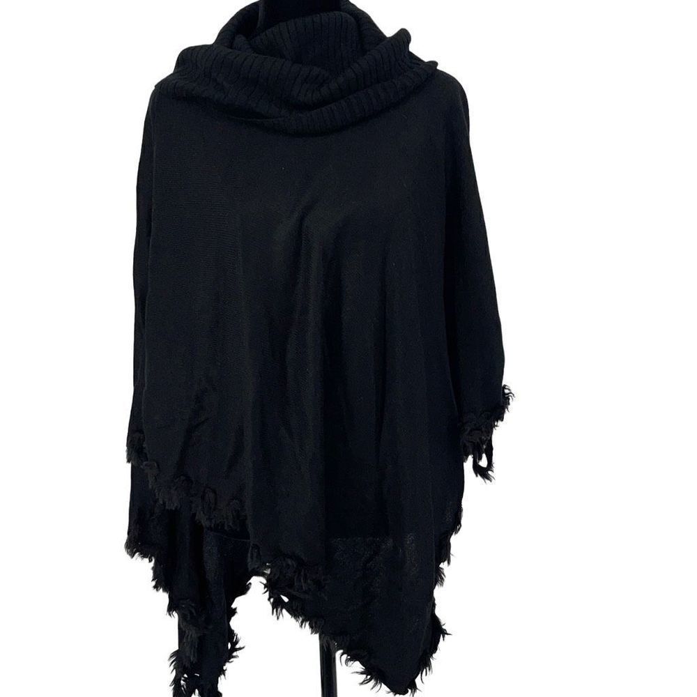 Alfani Womens Poncho Sweater Acrylic Faux Fur Trim Cowl Neck Black Size Small
